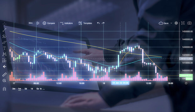 A young man in a coat is scrolling through a digital screen with his hands. And use your hand to scroll the screen and see the stock chart that is currently displayed. Digital Iagram screen