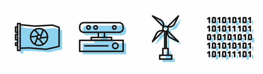 Set line Wind turbine, Video graphic card, Motion sensor and Binary code icon. Vector