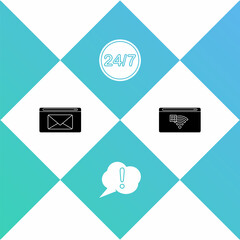 Set Mail and e-mail, Speech bubble Exclamation, Clock 24 hours and No Internet connection icon. Vector