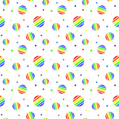 A seamless repeat pattern of various sized circles made with stripes of rainbow colors along with dots