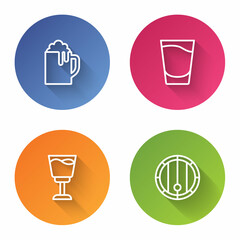 Set line Wooden beer mug, Shot glass, Wine and barrel. Color circle button. Vector