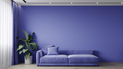 Very peri ist ein trendiges Farbjahr im Wohnzimmer. Bemalte leere Wand für Kunst und kornblumenblaues Sofa. Mockup ausgefallenes Raumdesign. 3D-Rendering
