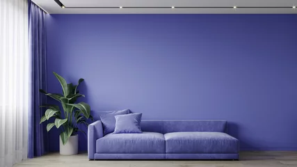 Fotobehang Pantone 2022 very peri Very peri is een trendy kleurjaar in de woonkamer. Geschilderde blinde muur voor kunst en korenbloemblauwe bank. Mockup chique kamerontwerp. 3D render
