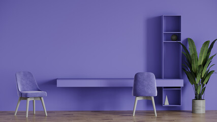 Workplace in lavender color. Very peri walls and furniture - chairs and a table with shelving. Long work surface Large home office or coworking center. 3d render.