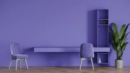 Photo sur Plexiglas Pantone 2022 very peri Lieu de travail de couleur lavande. Murs et meubles très péri - chaises et une table avec étagères. Grande surface de travail Grand bureau à domicile ou centre de coworking. rendu 3D.
