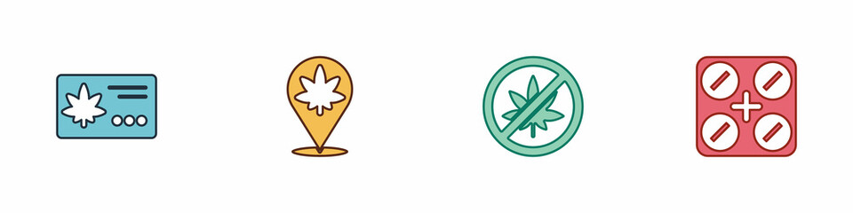 Set Calendar and marijuana leaf, Location, Stop or cannabis and Medical pills with icon. Vector