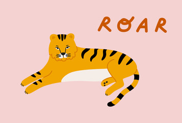 Fototapeta na wymiar Vector illustration of a yellow lying tiger, with lettering 'roar'. Hand-drawn bright cartoon vector tiger. Large mammal of the cat family. Animals of Asia.