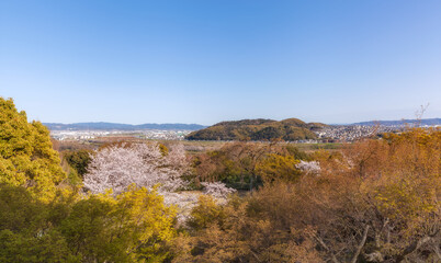 Panoramic view of Yawata city (Mt. Otokoyama, Sewaritei, Kizu river) in Kyoto, Japan