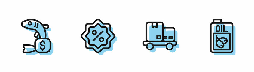 Set line Hand truck and boxes, Price tag for fish, Discount percent and Bottle of olive oil icon. Vector