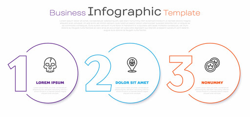 Set line Skull, Location pirate and Pirate coin. Business infographic template. Vector