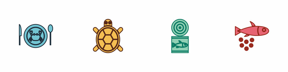 Set Served crab on a plate, Turtle, Canned fish and Fish with caviar icon. Vector