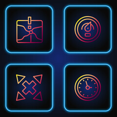 Set line Clock, Many ways directional arrow, Intersection point and Digital speed meter. Gradient color icons. Vector