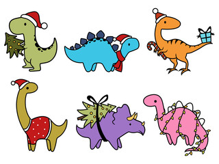 Set of Christmas dinosaurs. Collection of cute dinosaurs with gifts and Santa hats. Winter vacation. Colorful illustration for children.