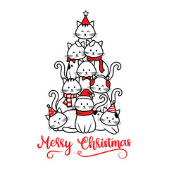 Illustration of group Christmas cats. Holiday kitten. Funny greeting card for pet lovers. Pyramid of xmas tree cats.