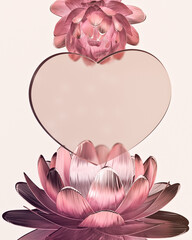 A heart shaped glass panel and abstract foil flowers are on a light background. Template for Valentine's Day, birthday, anniversary, social media. Copy space. 3d render.