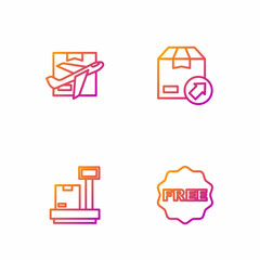 Set line rice tag with Free, Scale cardboard box, Plane and and Carton. Gradient color icons. Vector