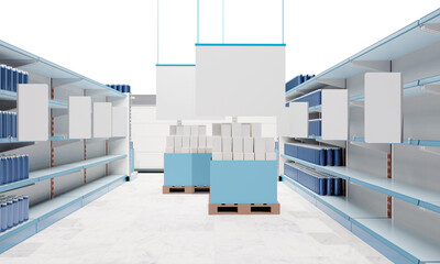 Blank product box with white hangers, Shelves in supermarket, Banner hangging in store, 3D rendering