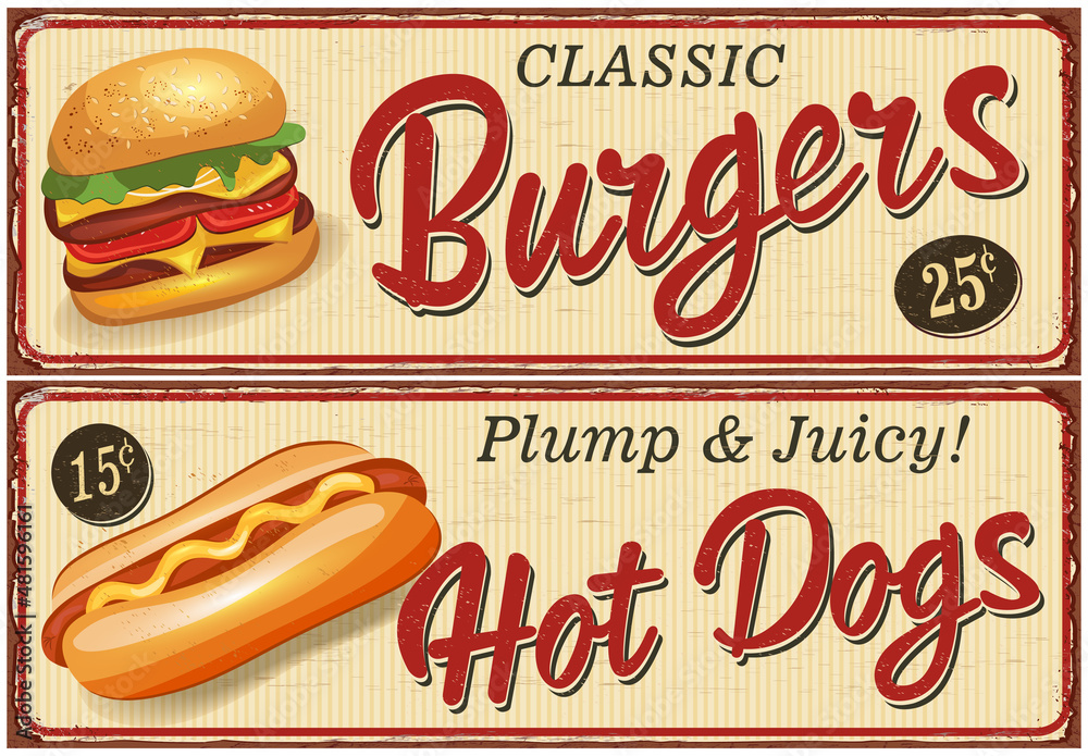 Wall mural fast food vintage metal sign collection.