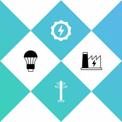 Set LED light bulb, Electric tower, Lightning bolt and Nuclear power plant icon. Vector