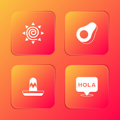 Set Sun, Avocado fruit, Mexican sombrero and Hola icon. Vector