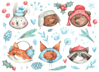 Christmas illustrations of forest animals and traditional winter plants. Watercolor hand-drawn of cartoon hare, bird, fox, bear, coon, squirrel, holly for wrapping paper, textile or greeting cards