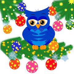 Greeting Christmas card Cute Cartoon Owl with Christmas tree on a blue background