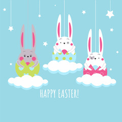 Merry Easter greeting card. Easter funny bunnies illustration on blue background
