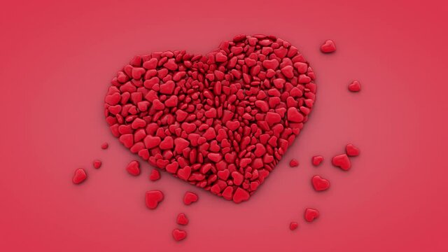 Beautiful festive 3D animation of the appearance of many hearts on the red surface. The hearts are connected into a common shape of a large heart. Animation for Valentine's Day, Valentine's Day.