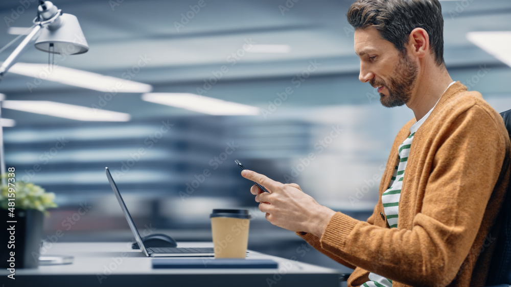 Poster modern office: businessman sitting at his desk using smartphone, laptop computer. digital entreprene