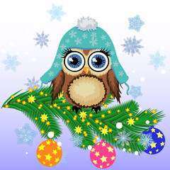 Greeting Christmas card Cute Cartoon Owl with Christmas tree on a blue background.