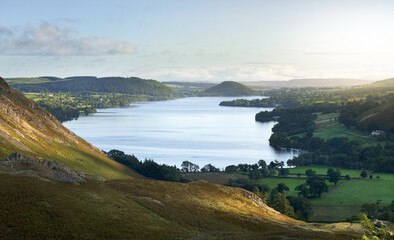 The summits of Dunmallard Hill and Rumney's Plantation at the far end of lake Ullswater in the...
