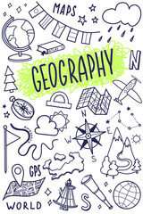Geography cover template. School subject icon set design. Education outline doodle sketch. Study, science concept. Back to school background for notebook, sketchbook or not pad. Vector illustration.