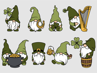 Set of irish garden gnomes. Collection of St. Patrick's Day Gnomes with shamrock and horseshoe. Couple of garden elves with сlover. Colorful illustration for festive postcard.