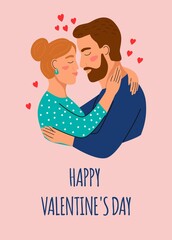 A Valentine's day card. A couple in love hugs. Flat vector illustration