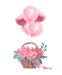 Obraz na płótnie Canvas Watercolor holiday illustration of floral basket with flower bouquet, ribbon and fly air balloons isolated. For Valentine day card, invitation, print, sublimation design.
