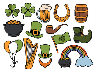 Set of Happy St. Patrick's Day symbols. Collection of elements  St. Patrick's Day clover, leprechaun hat, pot of gold coin, glass bear. Vector illustration isolated on a white background.