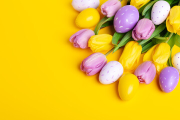 Easter composition. Multicolored easter eggs and tulips on yellow background. Easter concept. Copy space