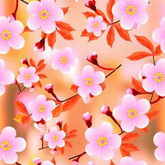 Cherry branches blooming on peach abstract background. Sakura flowers seamless texture. Vector