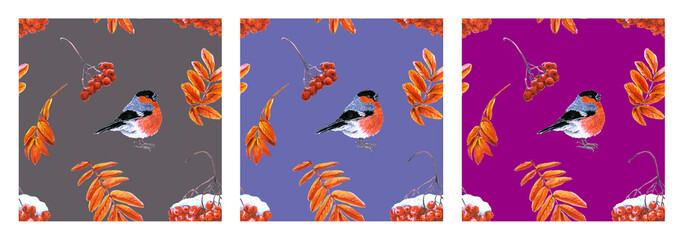 Set of seamless pattern of leaves and fruits of mountain ash and bullfinch drawn by markers on a Very Peri, gray and purple background. For fabric, sketchbook, wallpaper, wrapping paper.
