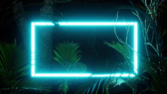 Neon glowing rectangle frame appears in the forest at windy night, illuminates palm trees. 3D render animation with a space for custom text placement. 4K Ultra HD