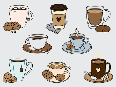 Set of cups of coffee. Collection of stylized coffee cups with heart. Vector illustration of hot drinks. Logotype for coffee house.