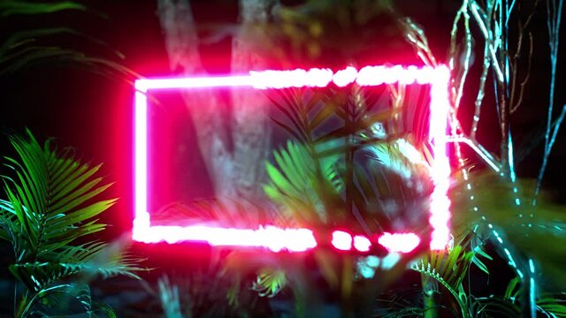 Neon glowing rectangle frame appears in the forest at windy night, illuminates palm trees. 3D render animation with a space for custom text placement. 4K Ultra HD