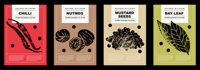 Chilli, nutmeg, mustard seeds, bay leaf. Set of posters of spices and herbs in a abstract draw design. Label or poster for food preparing and culinary. Simple, flat design. For poster, cover, banner.  - obrazy, fototapety, plakaty
