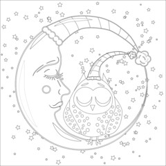 Coloring book for adult and older children. Coloring page with an owl on the moon among the stars.