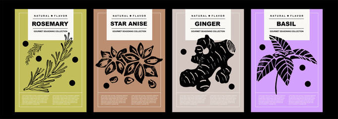 Rosemary, star anise, ginger, basil. Set of posters of spices and herbs in a abstract draw design. Label or poster for food preparing and culinary. Simple, flat design. For poster, cover, banner. 