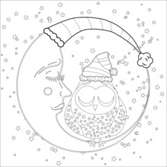 Coloring book for adult and older children. Coloring page with an owl on the moon among the stars.