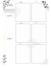 Printable A4 paper sheet, bullet journal page with decorative elements and blank week planner, goals, events. Cute planner for daily planner template, blank for notebook.