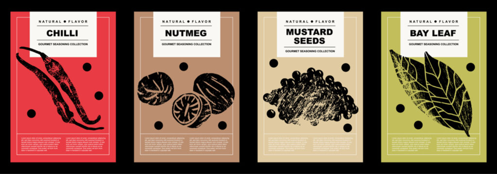 Naklejki Chilli, nutmeg, mustard seeds, bay leaf. Set of posters of spices and herbs in a abstract draw design. Label or poster for food preparing and culinary. Simple, flat design. For poster, cover, banner. 