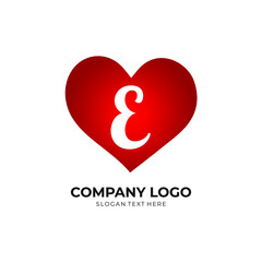 E letter logo with heart icon, valentines day love concept