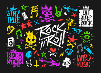 Rock n Roll doodle style colorful punk elements vector set. Psychedelics Pock fashion isolated from black. Colorful grunge elements for Tee print design, print fabric texture - obrazy, fototapety, plakaty